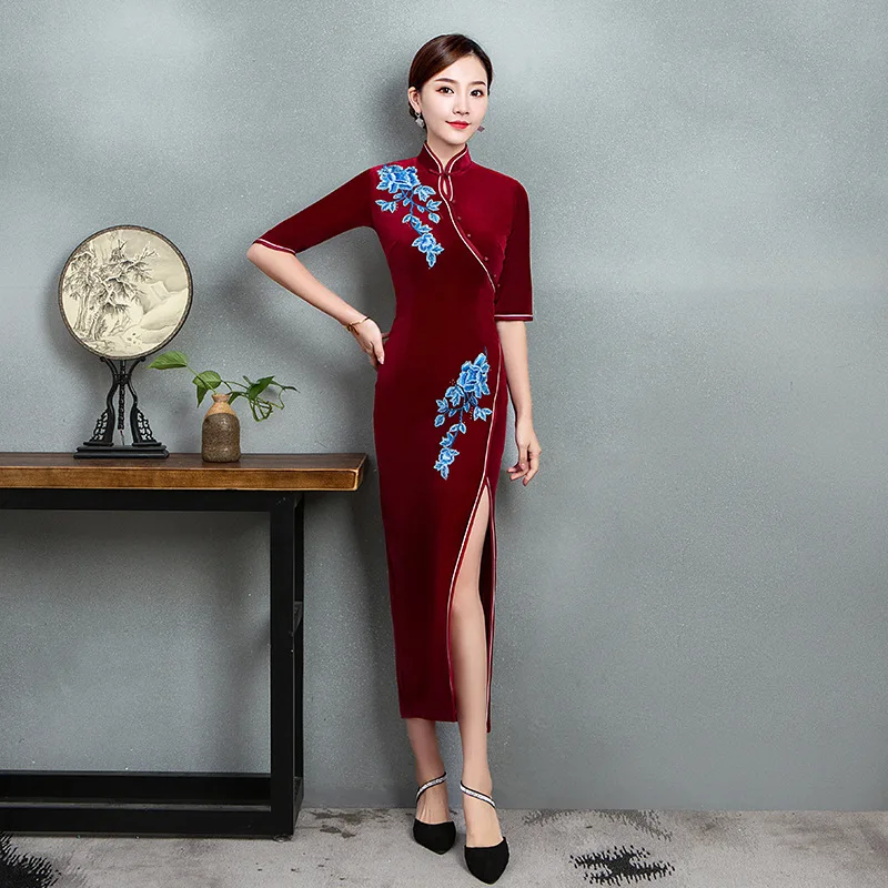 Красное вино вышивка зима Cheongsam бархат Длинные китайское традиционное свадебное платье для женщин Qipao пикантные вечерние платья ретро Qi Pao