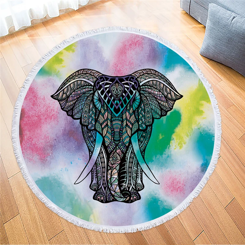 

Elephant Printed Large Round Beach Towel For Adult Yoga Mat Microfiber With Tassels Thick Terry 150cm Cloth Large Beach Towels