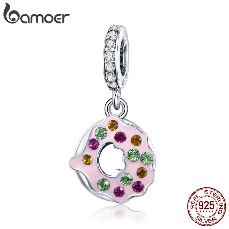 

BAMOER New Arrival 925 Sterling Silver Sweet Donuts Pendant Pink Enamel Charm fit Bracelet & Bangles DIY Jewelry Making SCC958