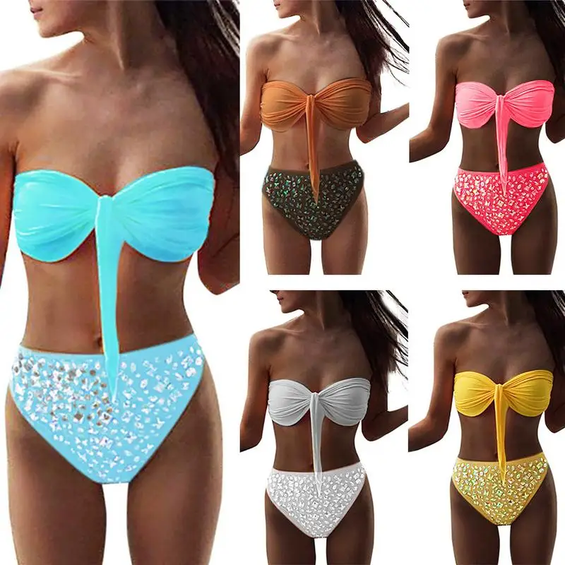 

Women's Bikini Set Strapless 2 Piece Swimsuits Rhinestones Bottoms and Wrapped Chest Bandage Tops Solid Color Swimwear