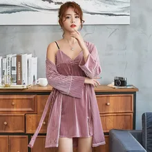 Зимняя женская бархатная Домашняя одежда, одежда для сна, 2 предмета, спагетти ремень и халат, ночные рубашки, сексуальные Полосатые однотонные теплые пижамы, комплект m-xl