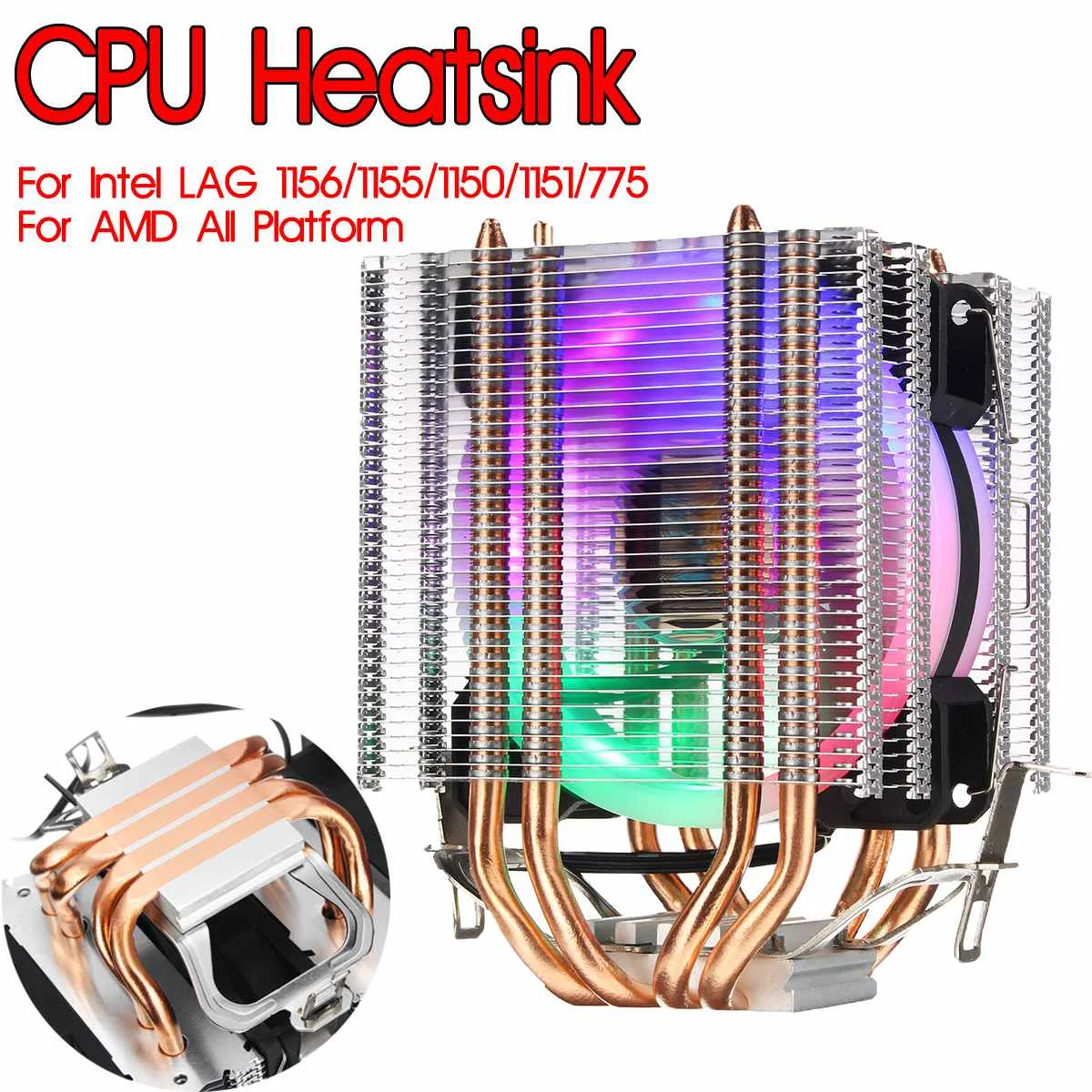 

90mm 3Pin CPU Cooler Heatsink 4 Heatpipes Dual-tower RGB Quiet Fans for Intel LGA 775/1150/1151/1155/1156/1366 for AMD AM2+/AM3