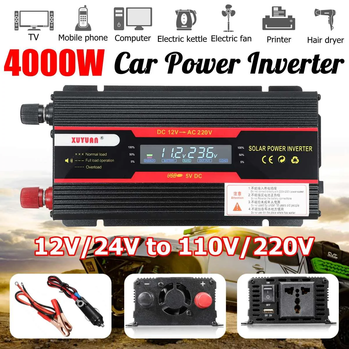 

4000W Peaks Power Inverter LCD Display DC 12/24V to AC 110V/220V Modified Sine Wave Converter
