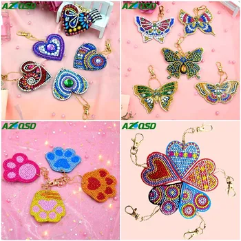 

AZQSD Diamond Embroidery Butterfly Key Chain 5D Diamond Painting Round Love Heart Sticker Double Sided DIY Crystal Pattern