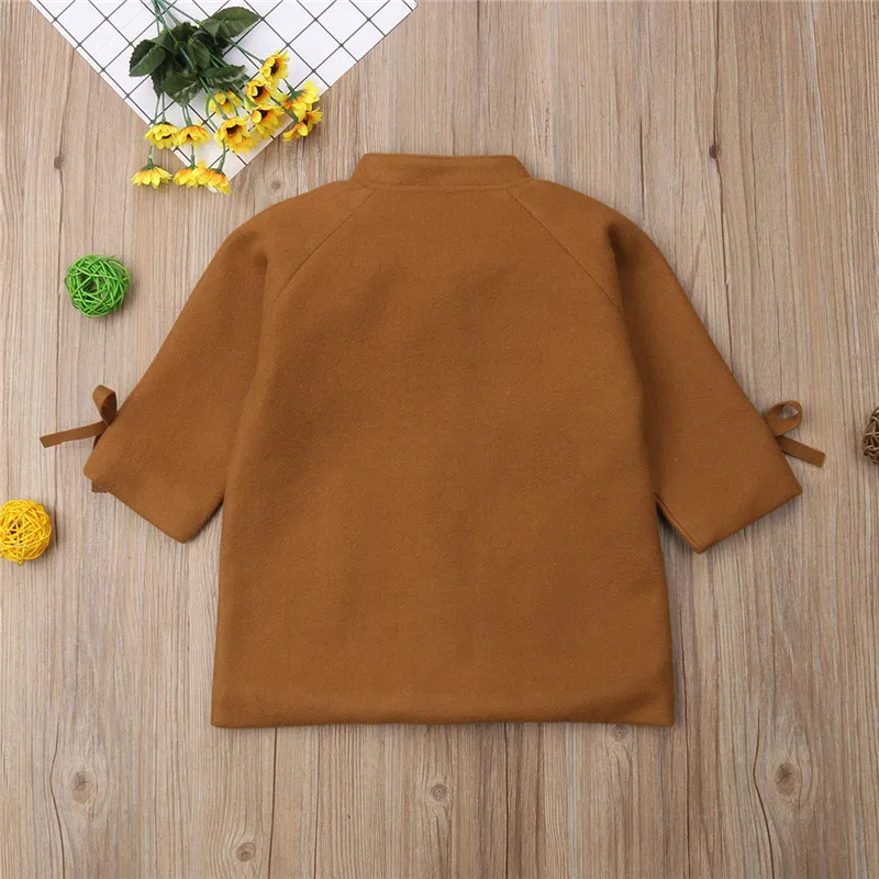 Winter Spring Toddler Kids Baby Girls Warm Wool Bowknot Coat Overcoat Outwear Jacket Clothes Brown 2-8Y