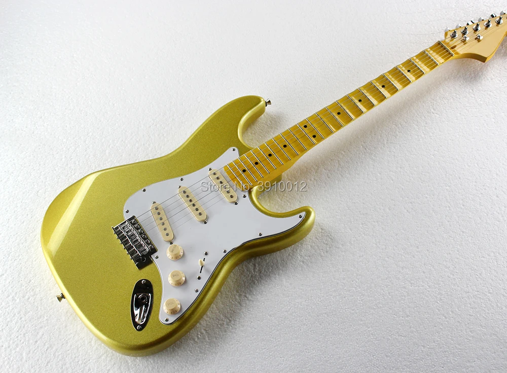 High quality Gold Electric Guitar with Yellow Scalloped Neck,White Pickguard,SSS Pickups,Chrome Hardware,Can be customized Free High quality Gold Electric Guitar with Yellow Scalloped Neck,White Pickguard,SSS Pickups,Chrome Hardware,Can be customized Free