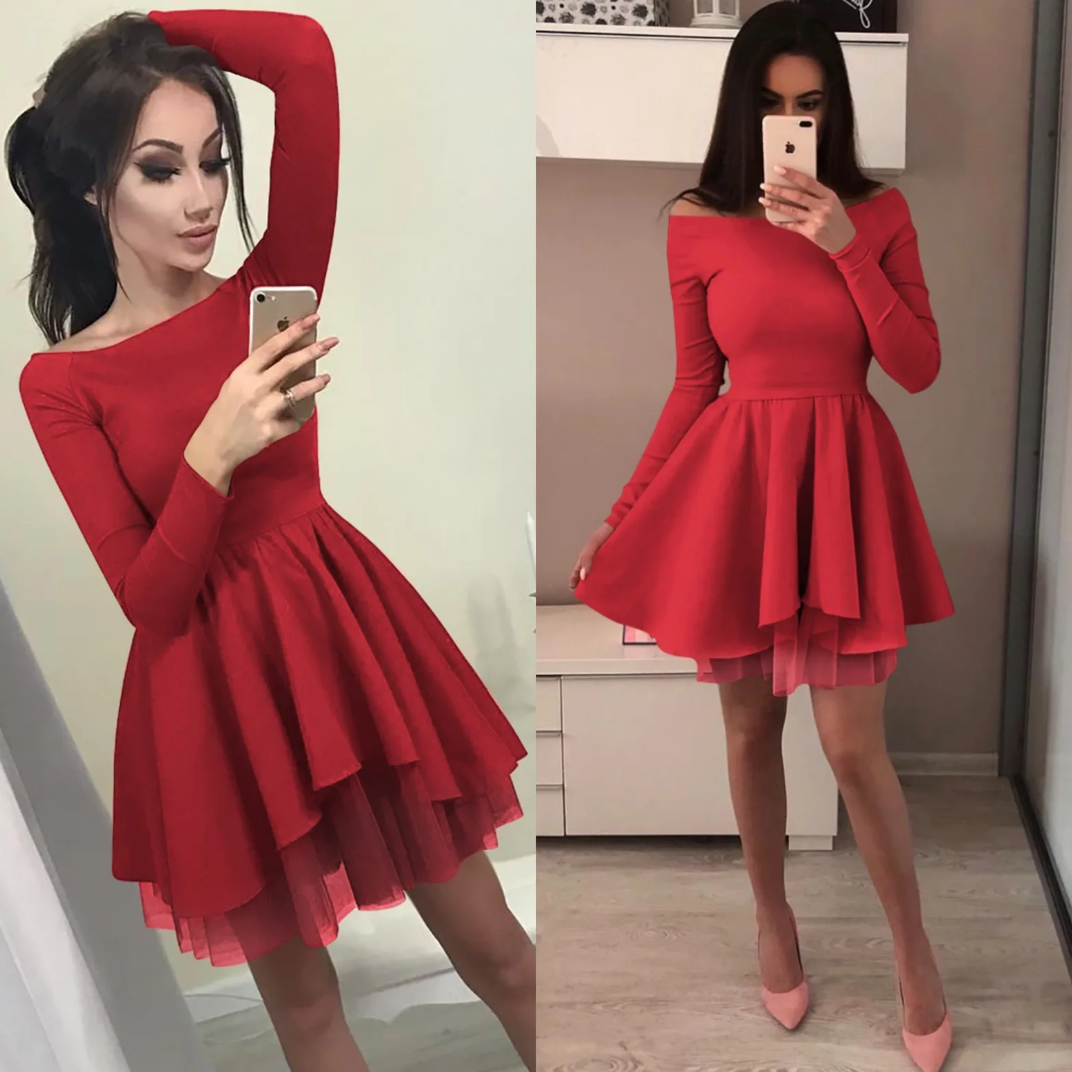 

2019 Spring New Women's Long-sleeved Round Neck Fluffy Dress Double-layer Long-sleeved Irregular Pink Office Dress Gothic
