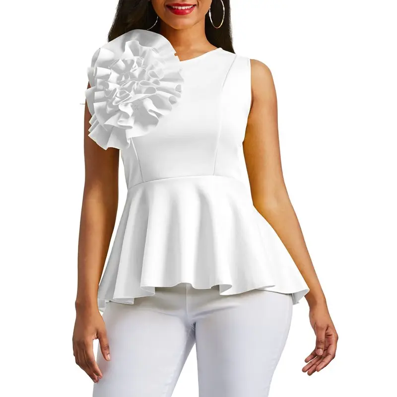 

Sexy Elegant White Blouse Women Tops Summer 2019 3D Applique Ruffles Sleeveless Solid Black Stretch Slim Office Blouses Female