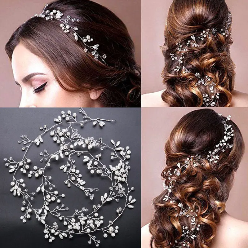 

Wedding Bridal Hair Accessories Foldable Crystal Pearl Floral Long Chain Headpiece Headband Hair Bands For Women