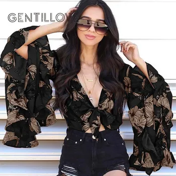 

Gentillove Women 2019 Deep V Neck Tie Up Bow Blouse Shirts Female Sexy Floral Print Summer Beach Blouse and Tops Boho Clothes