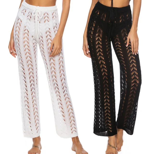 Solid Crochet Bikini Cover Up Long Beach Pants See Through Swimsuit