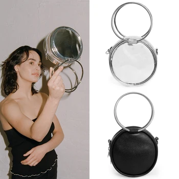

Women's Handbags Totes 2018 PU Leather Metal Ring Small Round Bag Bracelet Handcuffs Designer Handbags Small Bag Bolsa Feminina