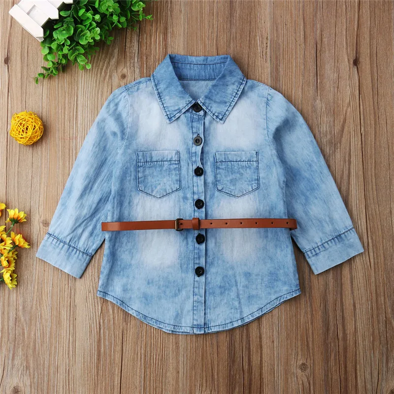 

2019 Spring Summer Blue Denim Blouse tops Baby Kids Girls Casual Long Sleeve Button Shirt With Belt Clothes Outfit