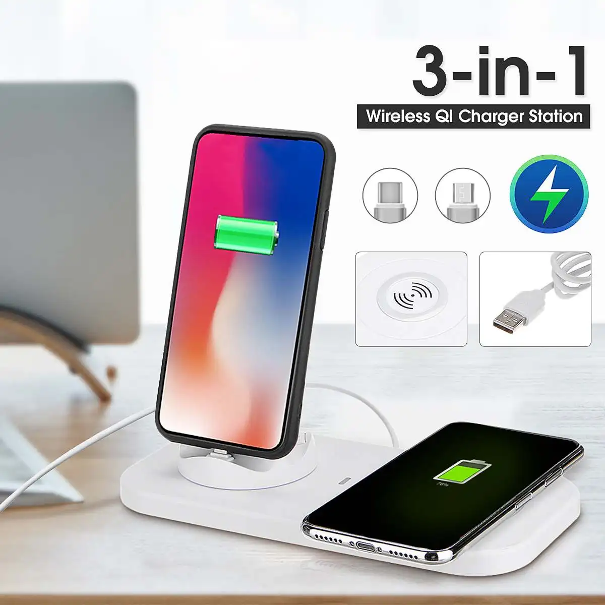 

Qi Wireless Charger Dock Pad 3in 1 USB Charging Fast Charger Charging Station for For iPhone XR/XS/XS Max For Samsung Type-C New