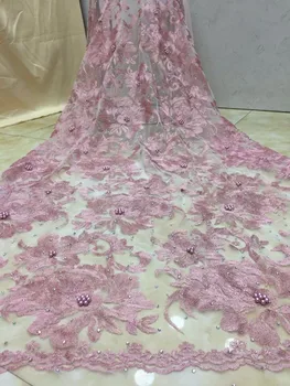 

Latest Nigerian Laces Fabrics High Quality African Laces Fabric For Wedding Dress French Tulle Lace With Beads stone pink