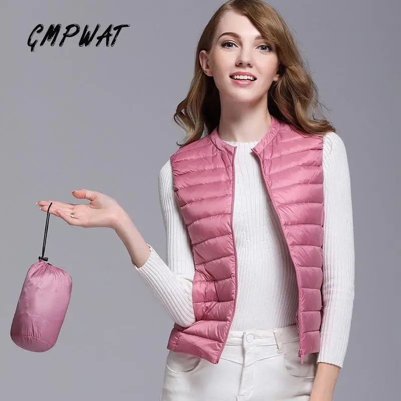 GMPWAT New Autumn Women White Duck Down Vest Ultra Light Jacket Winter Round Collar Peter Pan Slim Sleeveless Coat | Женская одежда