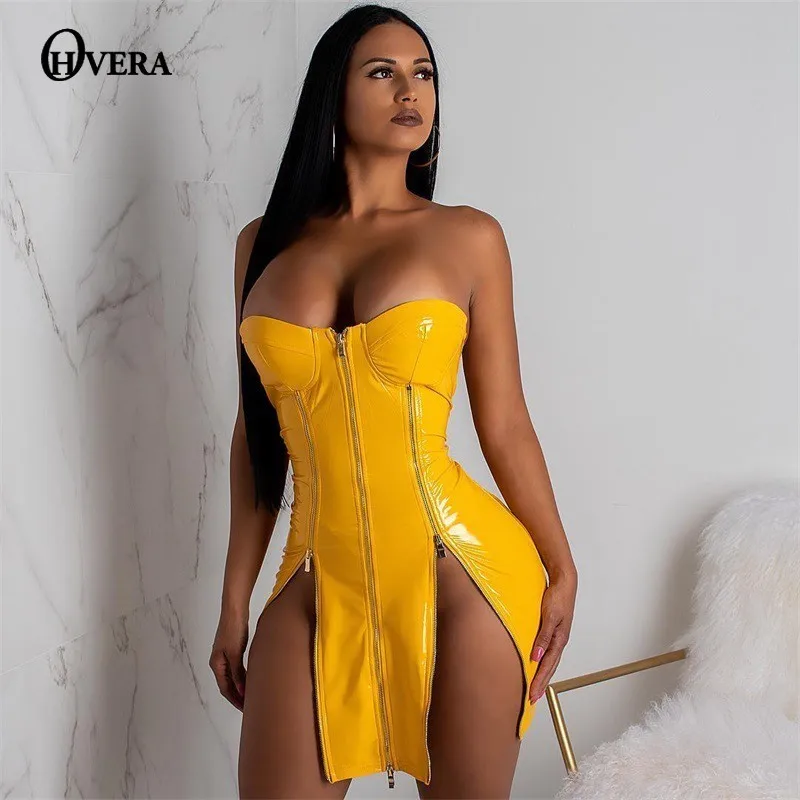 

Ohvera Three Row Zipper Leather Dress Women Off Shoulder Summer Party Dresses Backless Mini Bodycon Split Sexy Dress Vestidos