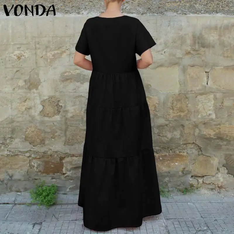 VONDA 2019 النساء حزب اللباس الصيف خمر طويل ماكسي فساتين خط-مطوي Vestidos الشاطئ زائد حجم 5XL قصيرة كم أسود