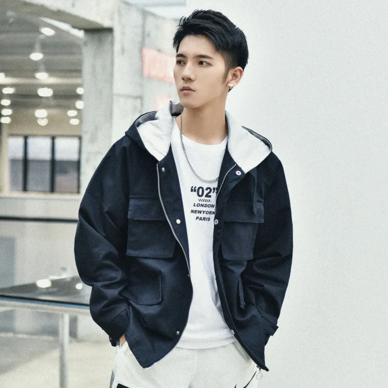 

2019 Spring Pocket Work Clothes Loose Coat Easy Leisure Time Even Hat streetwear Jacket men windbreaker chaqueta hombre