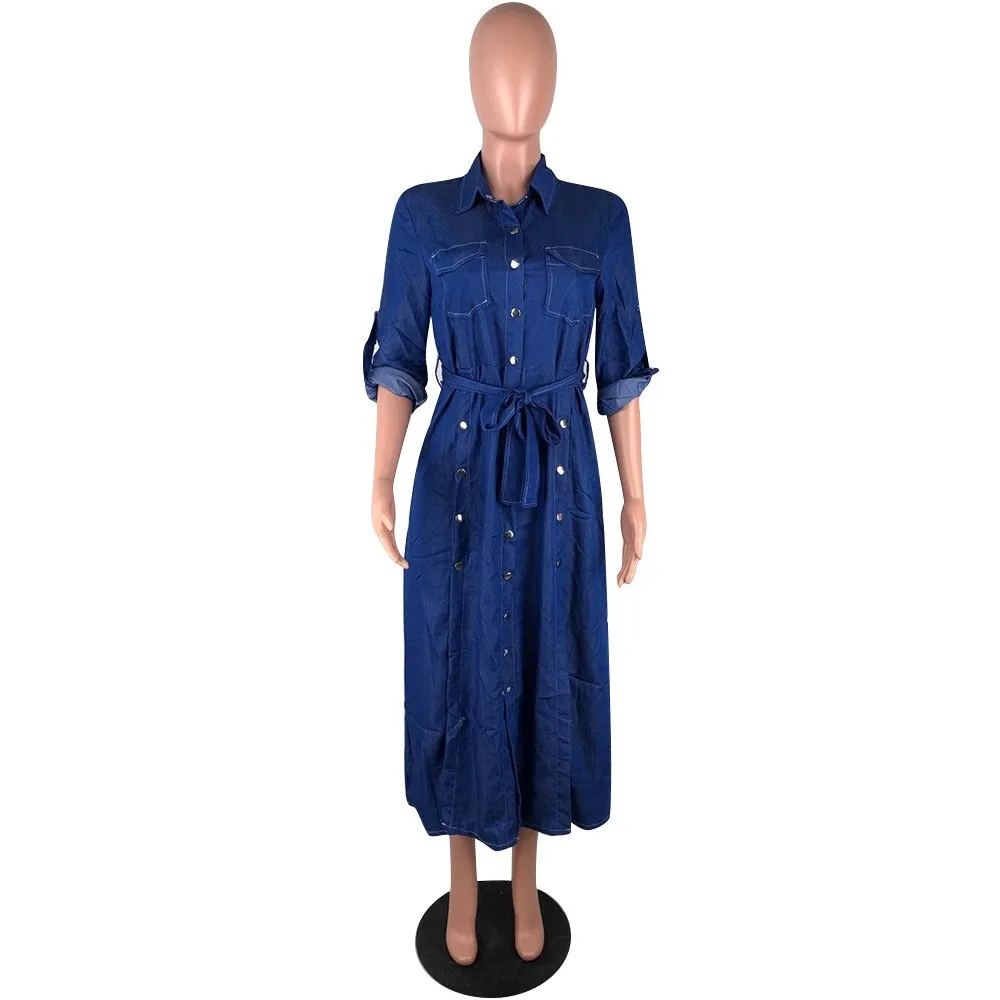 2019 Women Button Denim Dress Sexy Ladies Belt Jeans Long Shirt Dress Long Sleeve High Split Jeans Dress