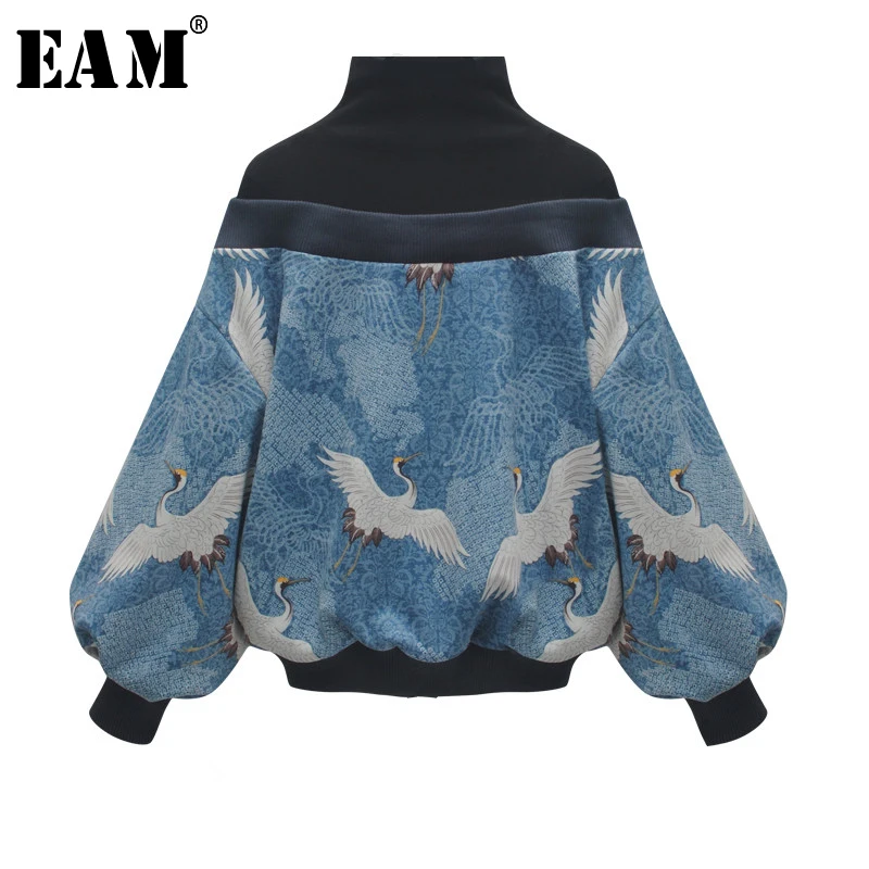 

[EAM] 2019 New Spring High Collar Long Sleeve Pattern Printed Loose Big Size Personality Sweatshirt Women Fashion Tide JL948