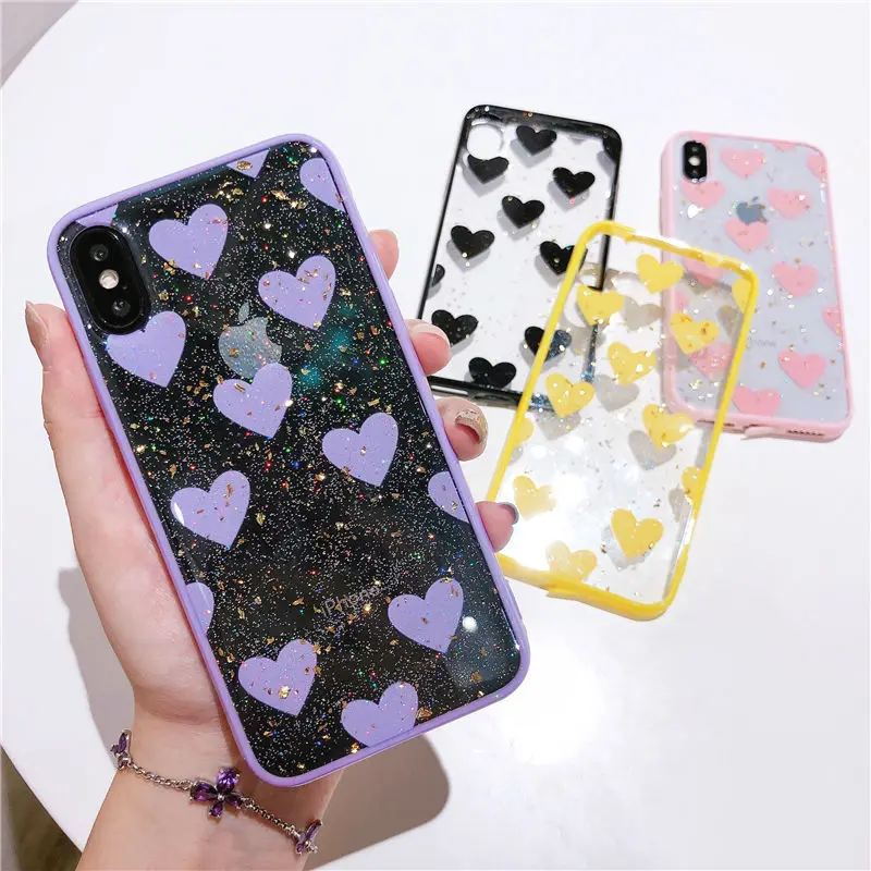 

Candy Color Bling Glitter Love Heart Clear Cases For iPhone X XR XS Max Shining Soft Silicon Back Cover For iPhone 6 6S 7 8 Plus