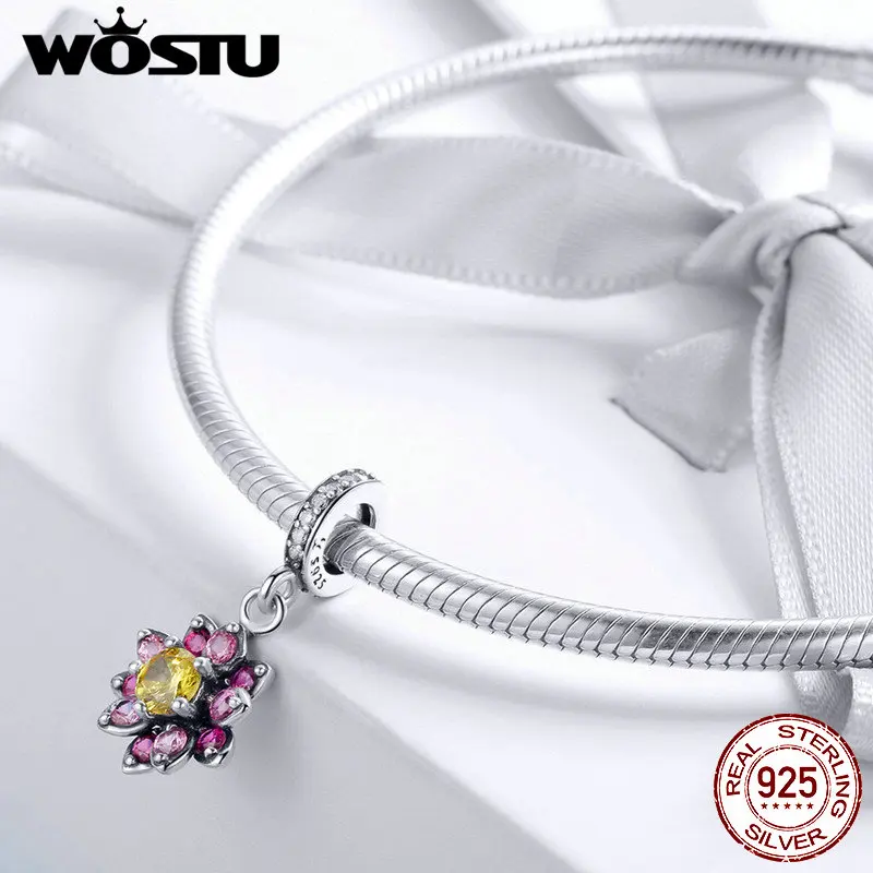 WOSTU Аутентичные 925 пробы Серебряный цветок цвет Шарм подходит браслет и ожерелье кулон оригинальные Роскошные ювелирные изделия лучший подарок CQC1009