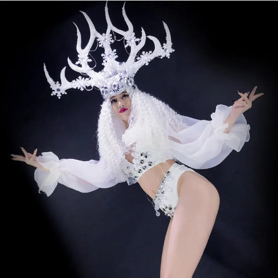 

White christmas dance flowers hat LED light costumes female LED Antlers performance costume