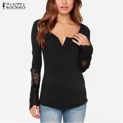 ZANZEA сексуальные блузки Топы женские Лоскутные кружева с длинным рукавом Топ рубашка плюс размер повседневный элегантный пуловер с круглым