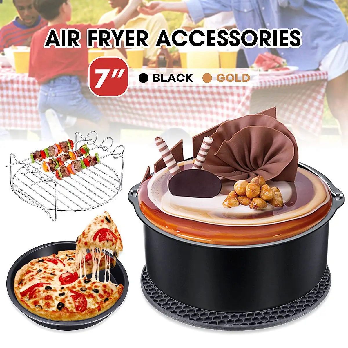 

4Pcs Set 7 Inch Air Fryer Accessories Black Household Kitchen Cooking Baking Tools Fit all 3.2-6.8QT Air Fryer New Arrival 2019