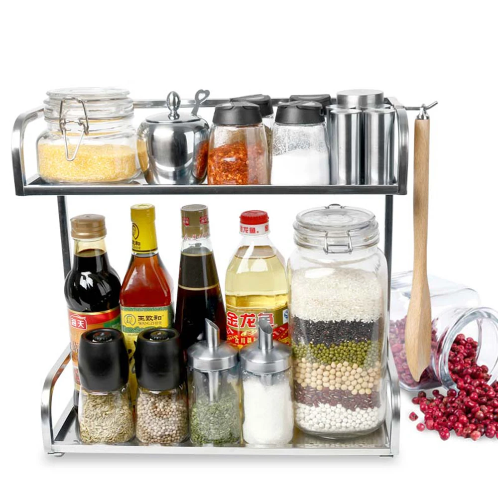

2-Tiers Kitchen Shelf 304 Stainless Steel Seasoning Shelf Multi-Function Spice Storage Rack Hanging Hook Household Organizer