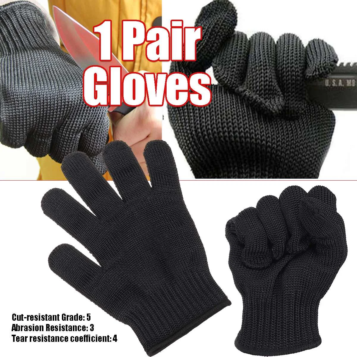 

1 Pair Stainless Steel Mesh Wire Cut Resistant Butcher Gloves Level 5 Protection 24cm Length Anti-static Durable Soft Washable