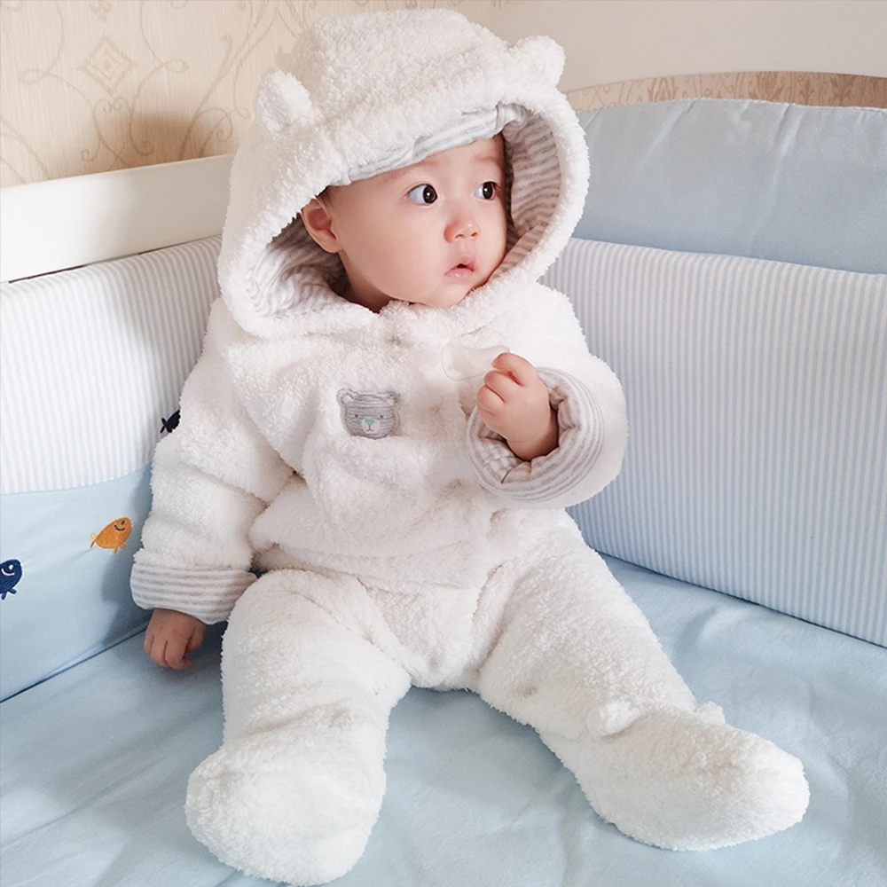 

2018 Tender Babies Newborn Baby Clothes Bear Baby Girl Boy Rompers Hooded Plush Jumpsuit Winter Overalls For Kids Roupa Menina