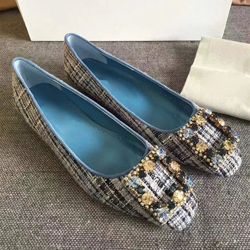 

19ss Mixed Color Woollen Cloth Shallow Mules Shoes Rhinestone Square Buckle Slip On Soft Flat Loafers Lazy Pregnant Woman Shoes