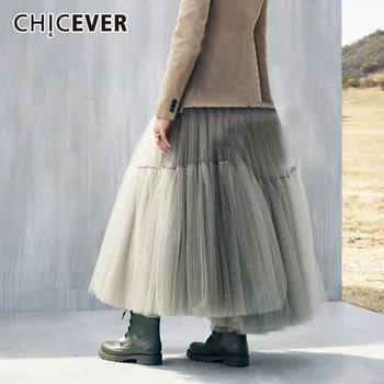 

CHICEVER Summer Sweet Solid Mesh Women Skirt Elastic High Waist Mid Calf Loose Slim Female Pleated Skirts 2020 Fashion New Tide