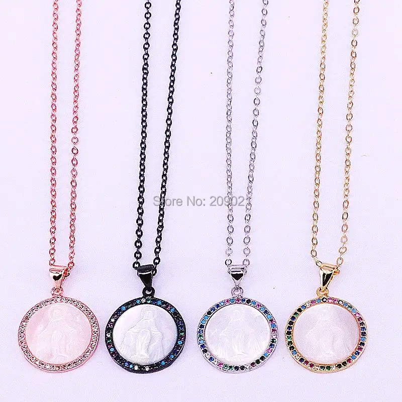 

10Pcs Mix color Micro Pave Colorful Cubic Zirconia And Mary Shell Round Pendant Necklaces Women's Fashion Jewelry