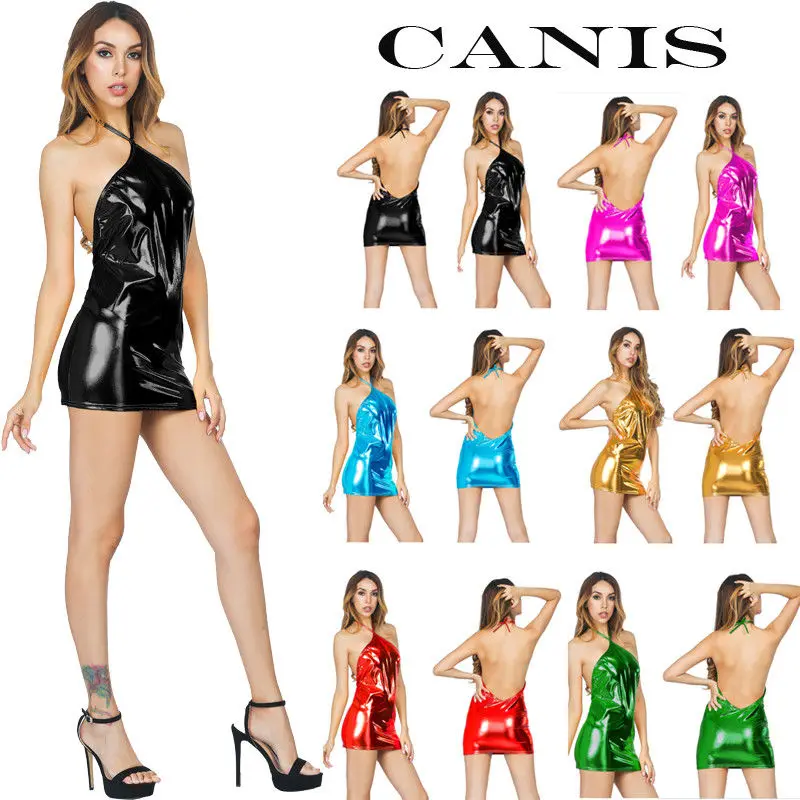 

Bling Sexy Lingerie Halter Backless Womens Faux Leather Lingerie Sexy Hot Erotic Clubwear Minidress Leather Sexy Underwear