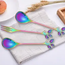 

Stainless Steel Spoon Ice Coffee Spoon Leaf Fruit Tableware Stirring Spoon Tableware Titanium Colorful Spoons Set Kitchen Tool