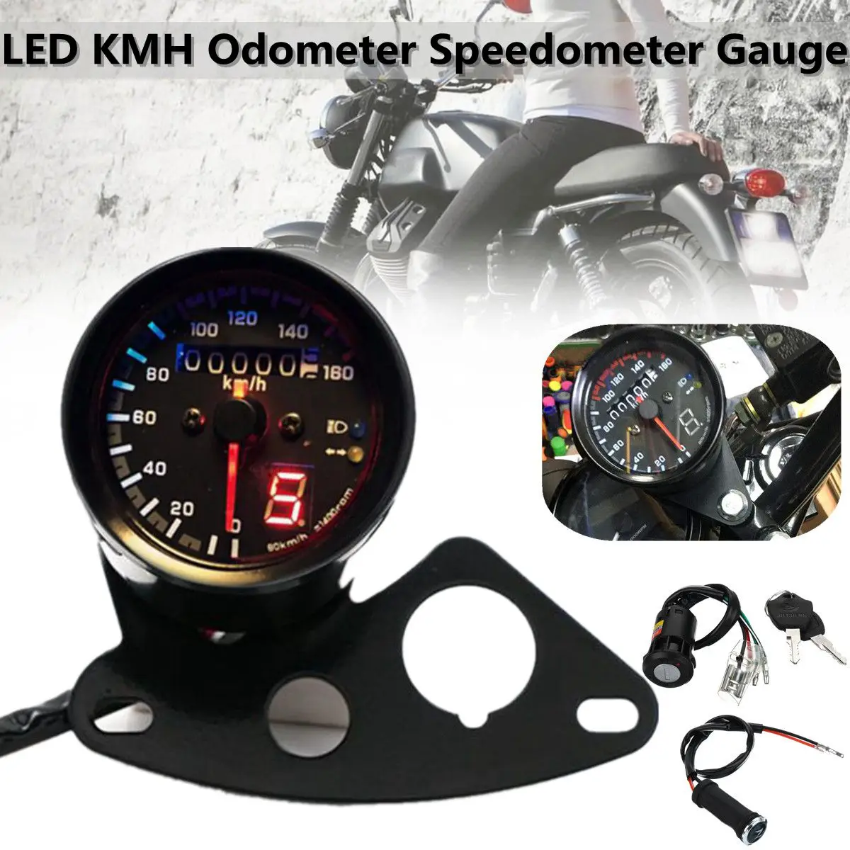 

Universal Motorcycle Gauges LED Odometer Speedometer Tachometer Gauge with Keys Reset Switch