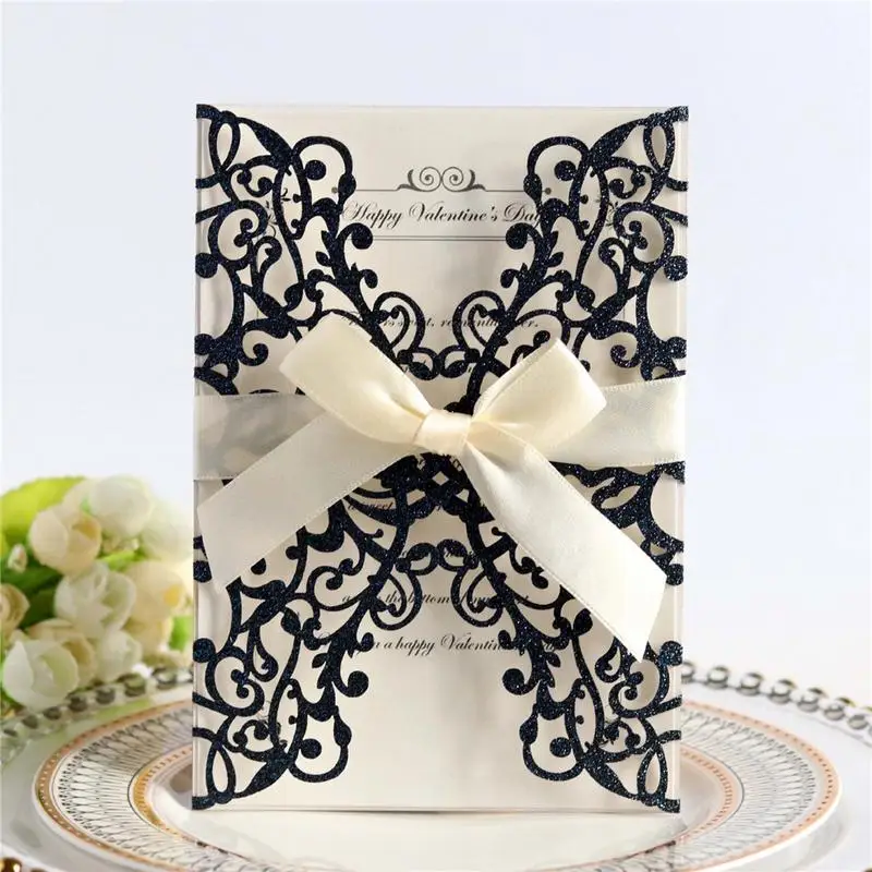  10PCS Bowknot Glitter Invitations European Style Laser Cut Wedding Invitations Holiday Greeting Car - 32993340324