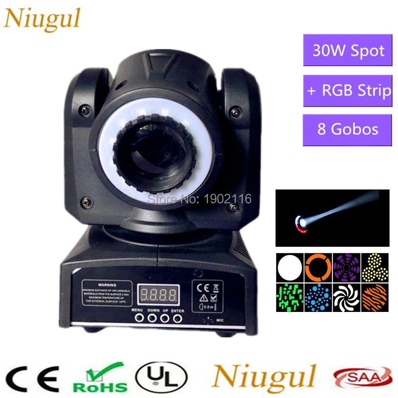 

30W LED Spot Moving Head Stage Effect Lighting With RGB Light Strip With DMX512 LED Patterns/Gobo Light Good For DJ Disco Party