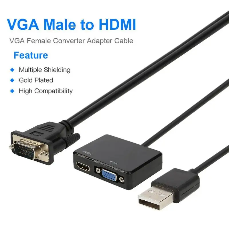 Кабель переходник ALLOYSEED VGA папа HDMI мама с аудиовыходом 1080P адаптер Шнур для ПК