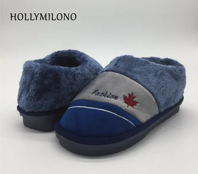 

MAN WINTER INDOOR SHOES MAPLE LEAF EMBROIDER THICK FUR OVER THE ANKLE NEW FASHION MALE HOME SLIPPERS FOR MEN BROWN BLUE MIXED