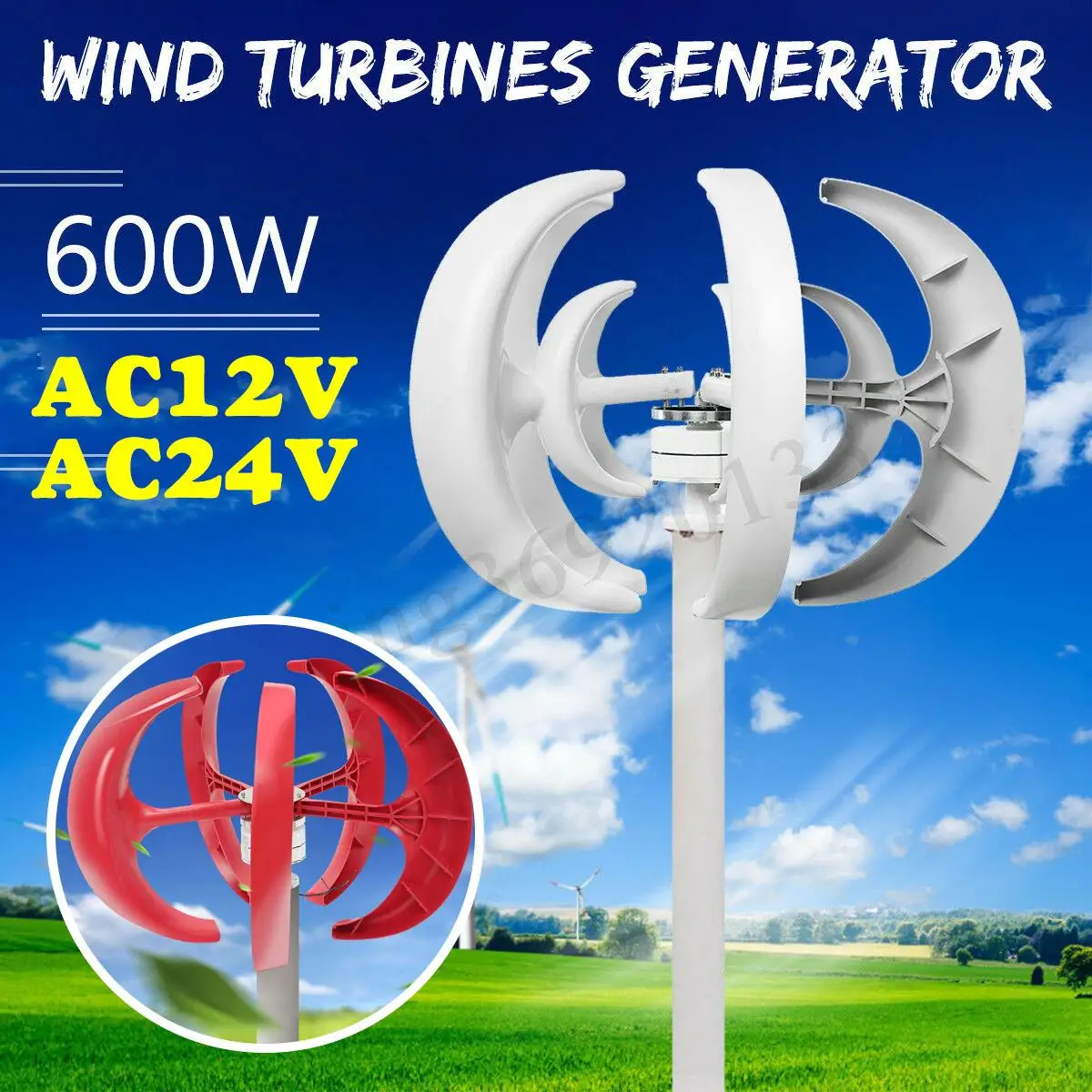 Online Max 600W 12V 24V VAWT 5 cuchillas turbinas eólicas de eje Vertical generador Tipo de linterna