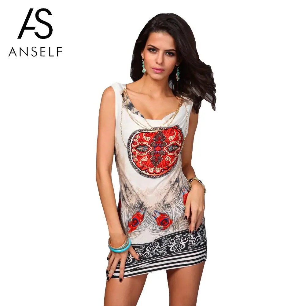 

Anself Boho Summer Dress 2019 Vintage Women Retro Flower Dress Feather Print Chain Sexy Sleeveless Mini Slim Dress Orange/Green