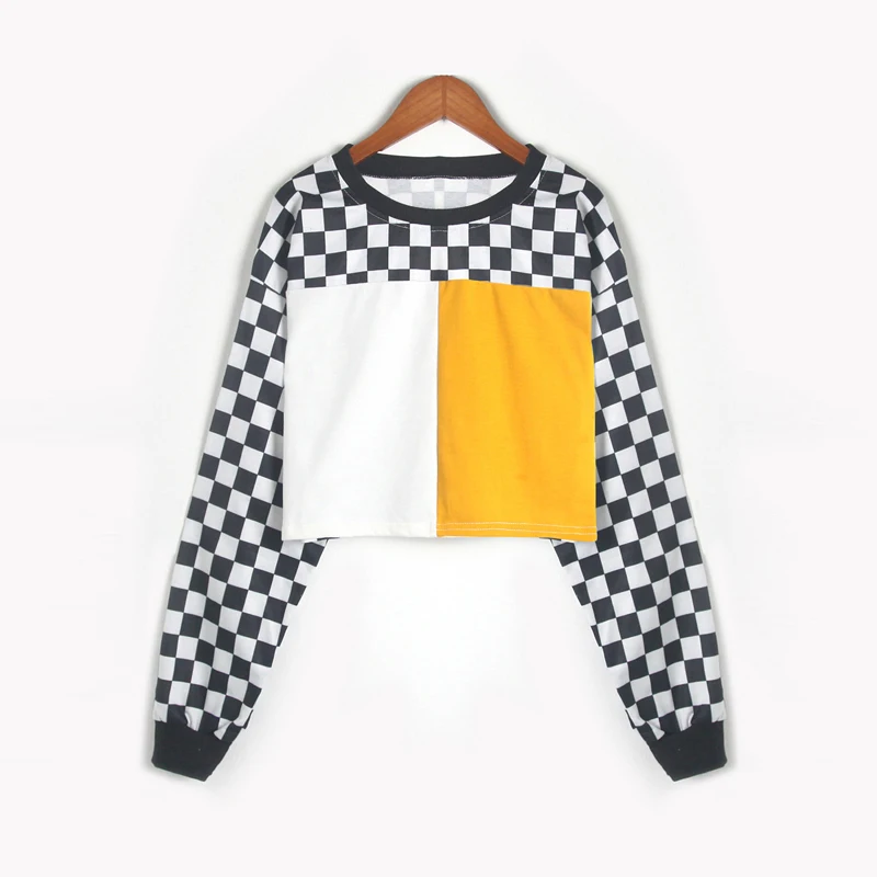 Новый клетчатый пуловер, свитшот с контрастной Цвет Лоскутная рубашка