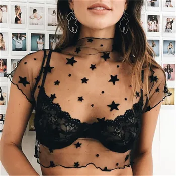 

Sexy Women's See Through Star Print Mesh Lace Crop Tank Top Short Sleeve Sheer Cropped Tops Black White