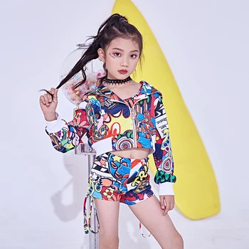 

Hip Hop Dance Costume Girls Printing Outfit Vest Shorts Jacket Kids Jazz Costumes Street Dance Clothing Stage Dress DQI334