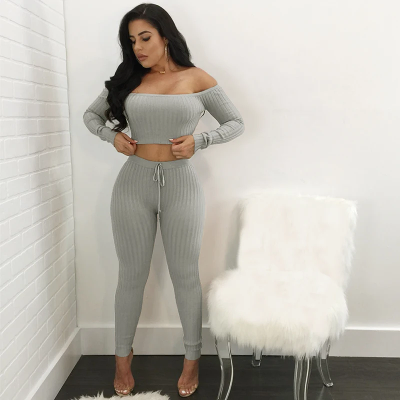 Sexy Women Two Piece Set Crop Top Leggings Solid Ribbed Off Shoulder ...