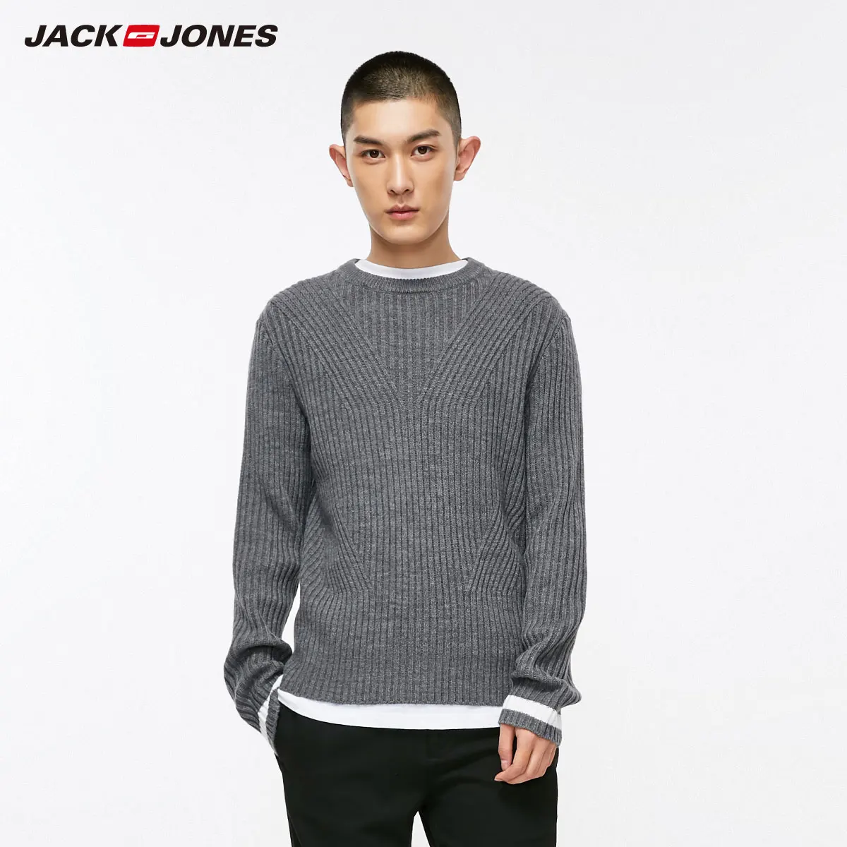 JackJones мужской шерстяной свитер с круглым вырезом тонкий вязаный пуловер Топ